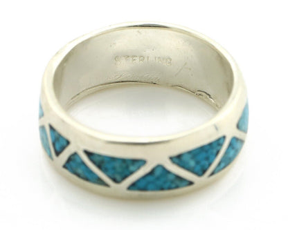 Navajo Chip Inlay Ring 925 Silver Sleeping Beauty Turquoise Artist Silver Cloud