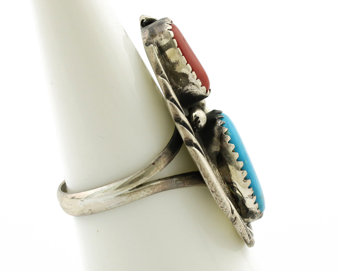 Navajo Ring 925 Silver Turquoise & Coral Artist Signed Native American C.80s