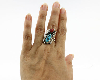 Navajo Ring .925 Silver Turquoise & Coral Artist Signed J Morris C.80's