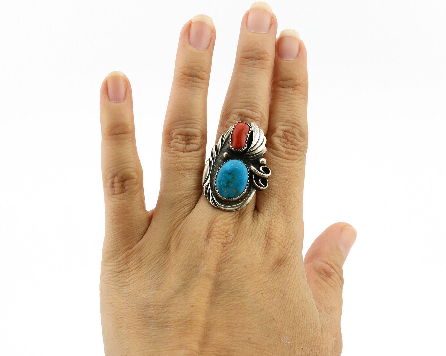 Navajo Ring 925 Silver Turquoise & Coral Artist Signed Native American C.80s