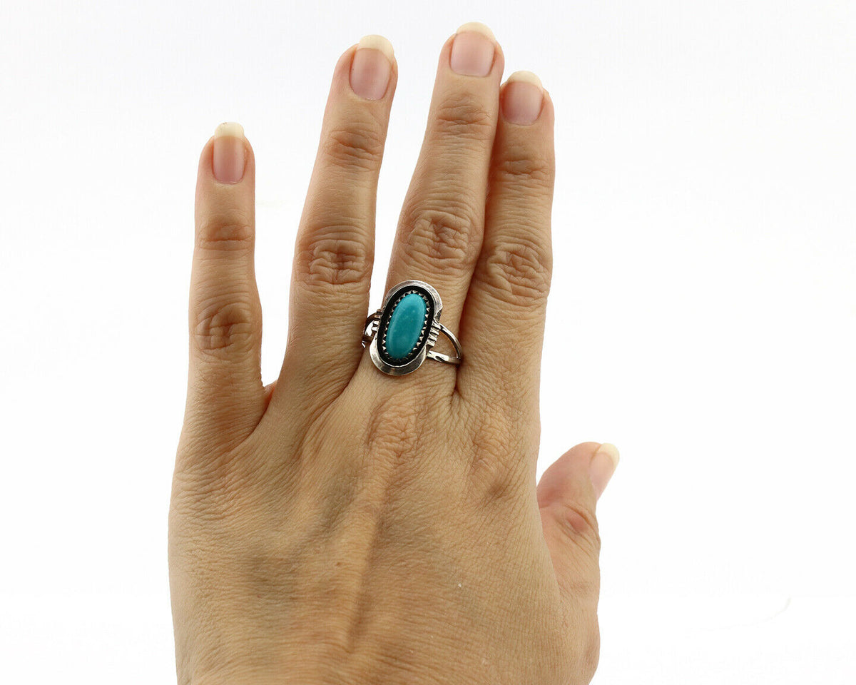 Navajo Ring .925 Silver Nevada Turquoise Native American Artist C.1980's