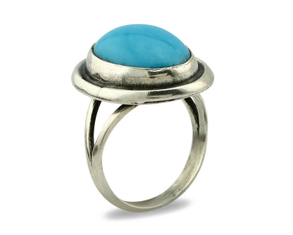 Navajo Ring .925 Silver Kingman Turquoise Handmade Native American Artist C80s