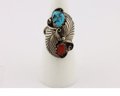 Navajo Handmade Ring 925 Silver Turquiose & Coral Artist Signed E C.80's