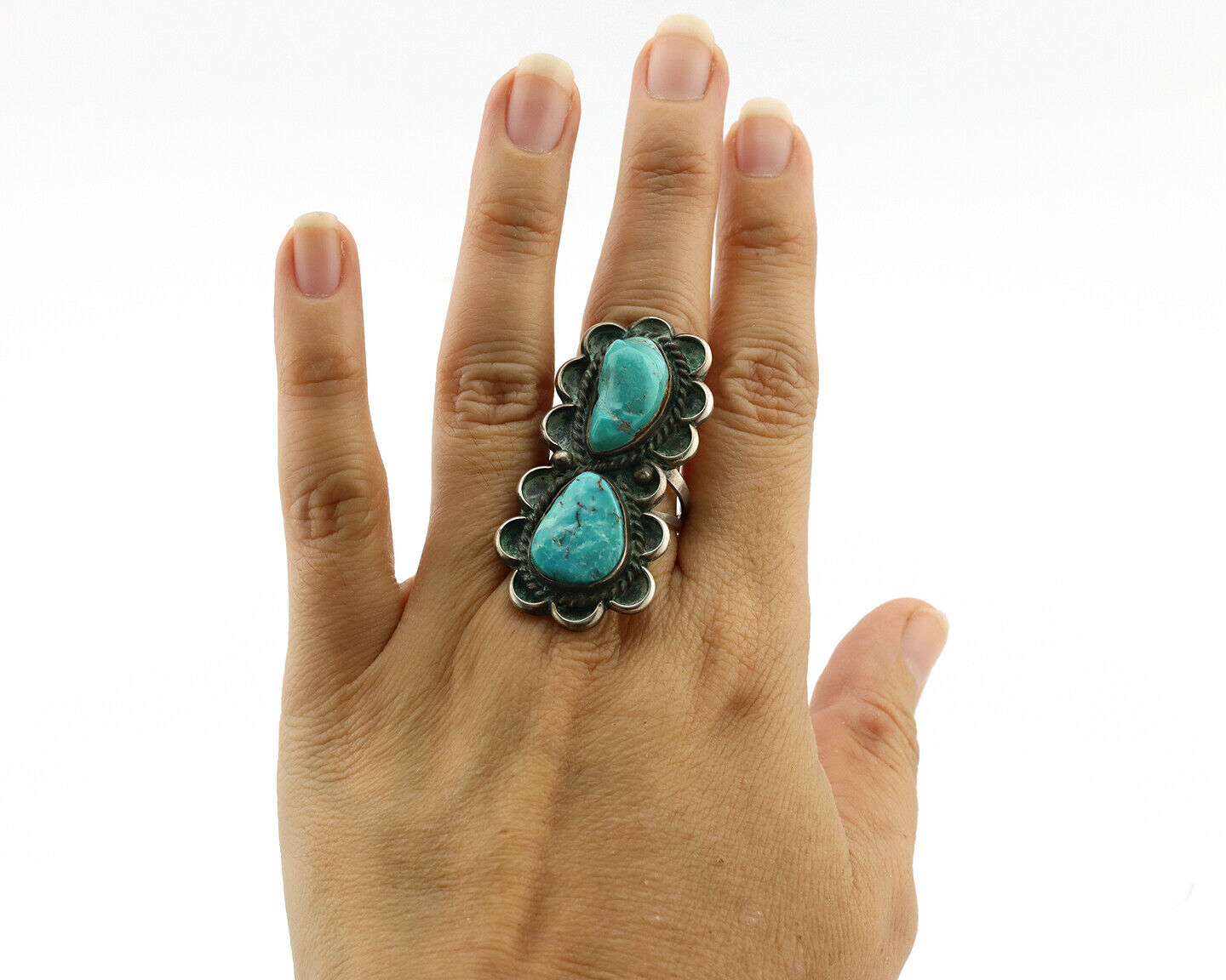 Navajo Ring .925 Silver Globe Turquoise Hand Stamped Native American Artist C80s