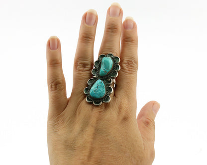 Navajo Ring .925 Silver Globe Turquoise Hand Stamped Native American Artist C80s