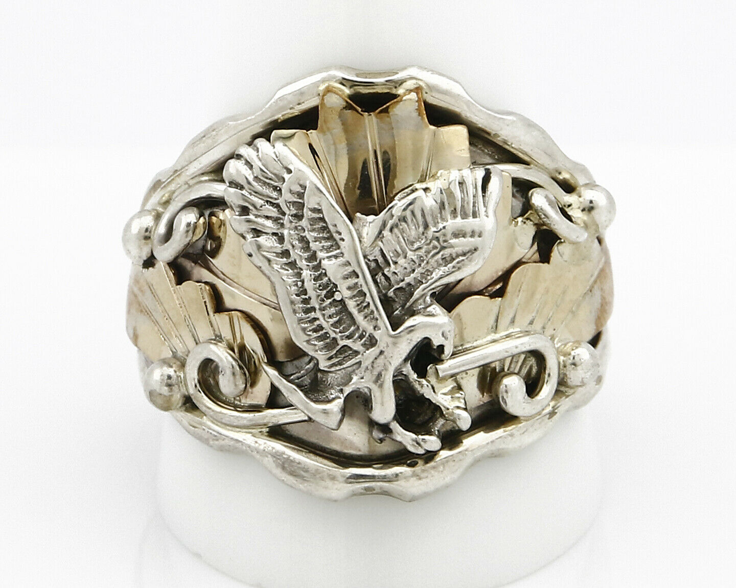 Navajo Eagle Ring .925 SOLID Silver & 12K GF Handmade Signed Artist S Circa 1980