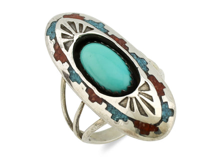 Navajo Ring 925 Silver Turquoise & Coral Signed Circle JW C.80s