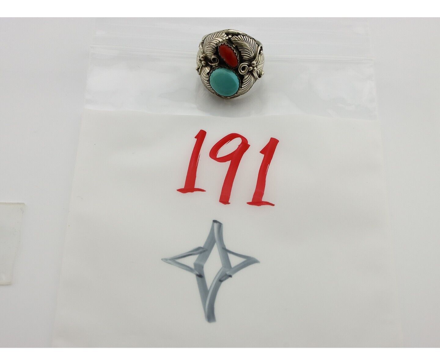 Navajo Ring 925 Silver Blue Turquiose & Mediterranean Coral Native Artist C.80's