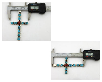 Zuni Handmade Cross Necklace 925 Silver Coral & Turquiose Artist Signed JWJ C80s