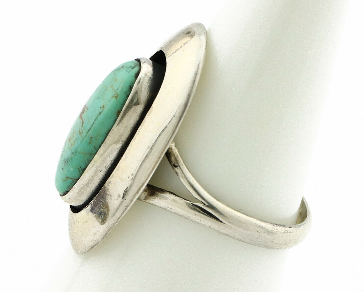 Navajo Shadow Box Ring .925 Silver Kingman Turquoise Signed M Montoya C80s