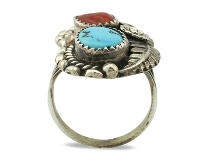 Navajo Ring .925 Silver Turquoise & Coral Artist Signed Thomas Singer C.80's