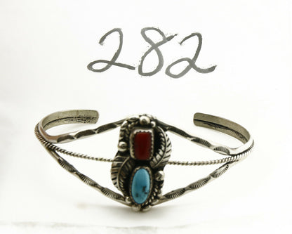 Navajo Bracelet .925 Silver Turquoise & Red Coral Signed SC Cuff Circa 1980s