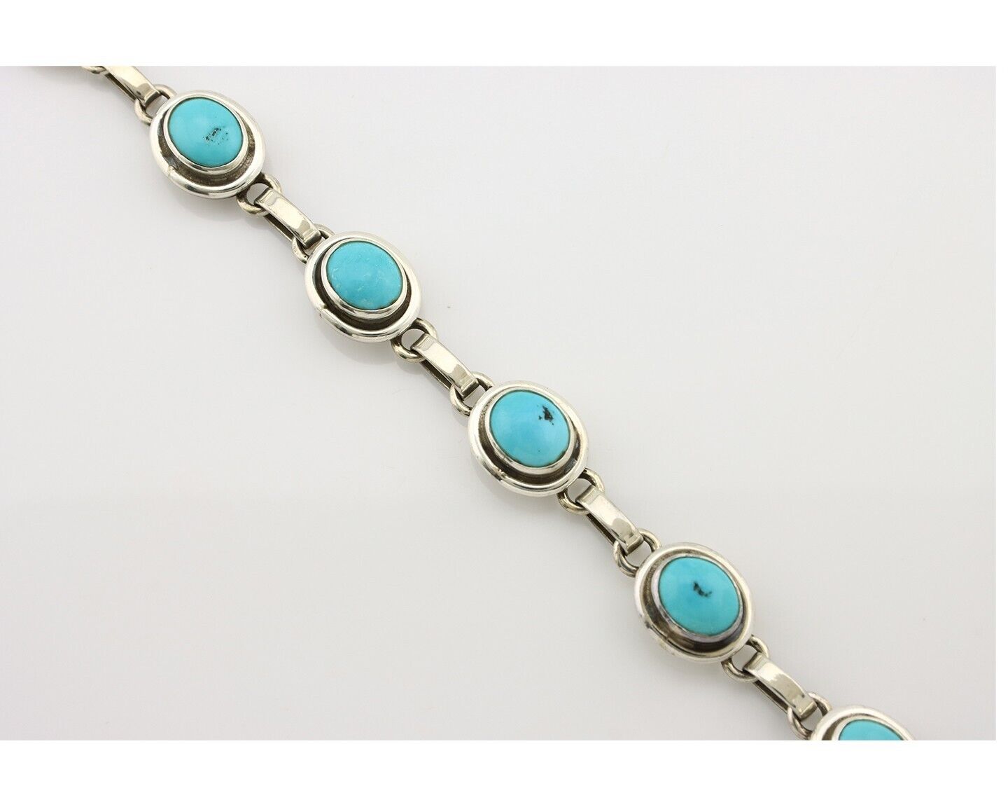 Navajo Link Bracelet .925 Silver Blue Turquoise Native American Artist C.80's