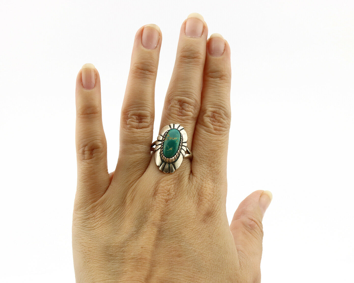 Navajo Ring .925 Silver Green Turquoise Artist Signed M Montoya C.80's