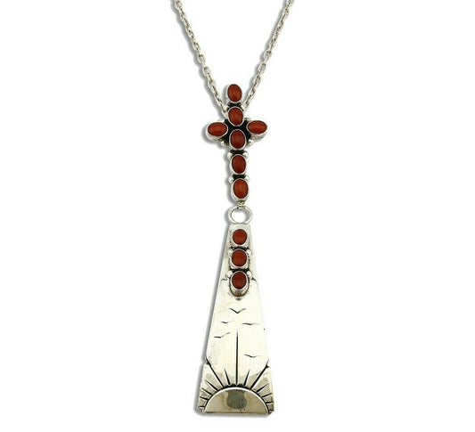 Women's Navajo Necklace .925 Silver Mediterranean Coral Pendant Signed