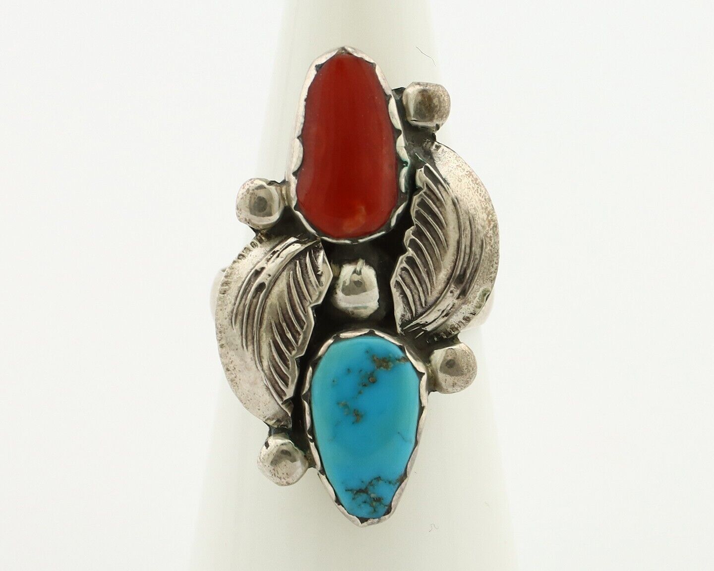 Navajo Ring 925 Silver Blue Turquiose & Mediterranean Coral Native Artist C.80's