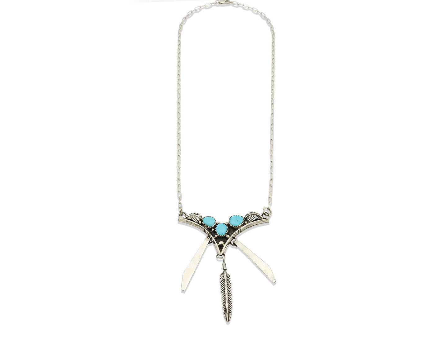 Navajo Necklace .925 Silver Sleeping Beauty Turquoise Signed MC C.80's