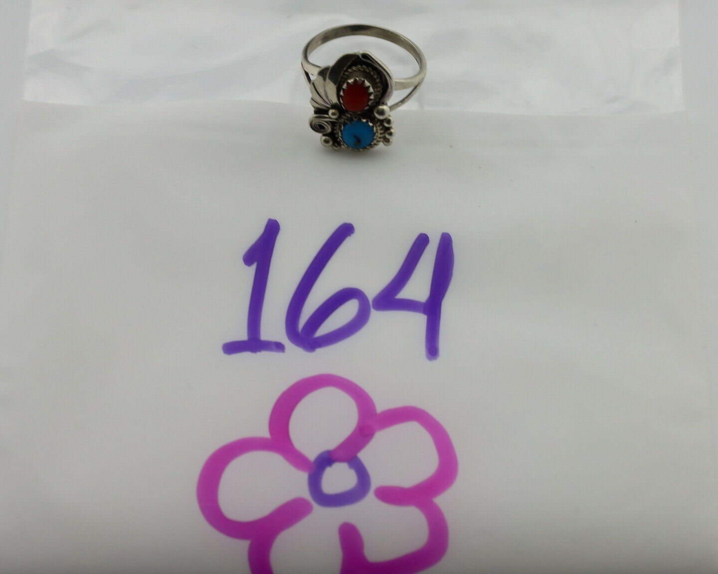 Navajo Ring .925 Silver Morenci Turquoise & Coral Native Artist Signed JM C.80's