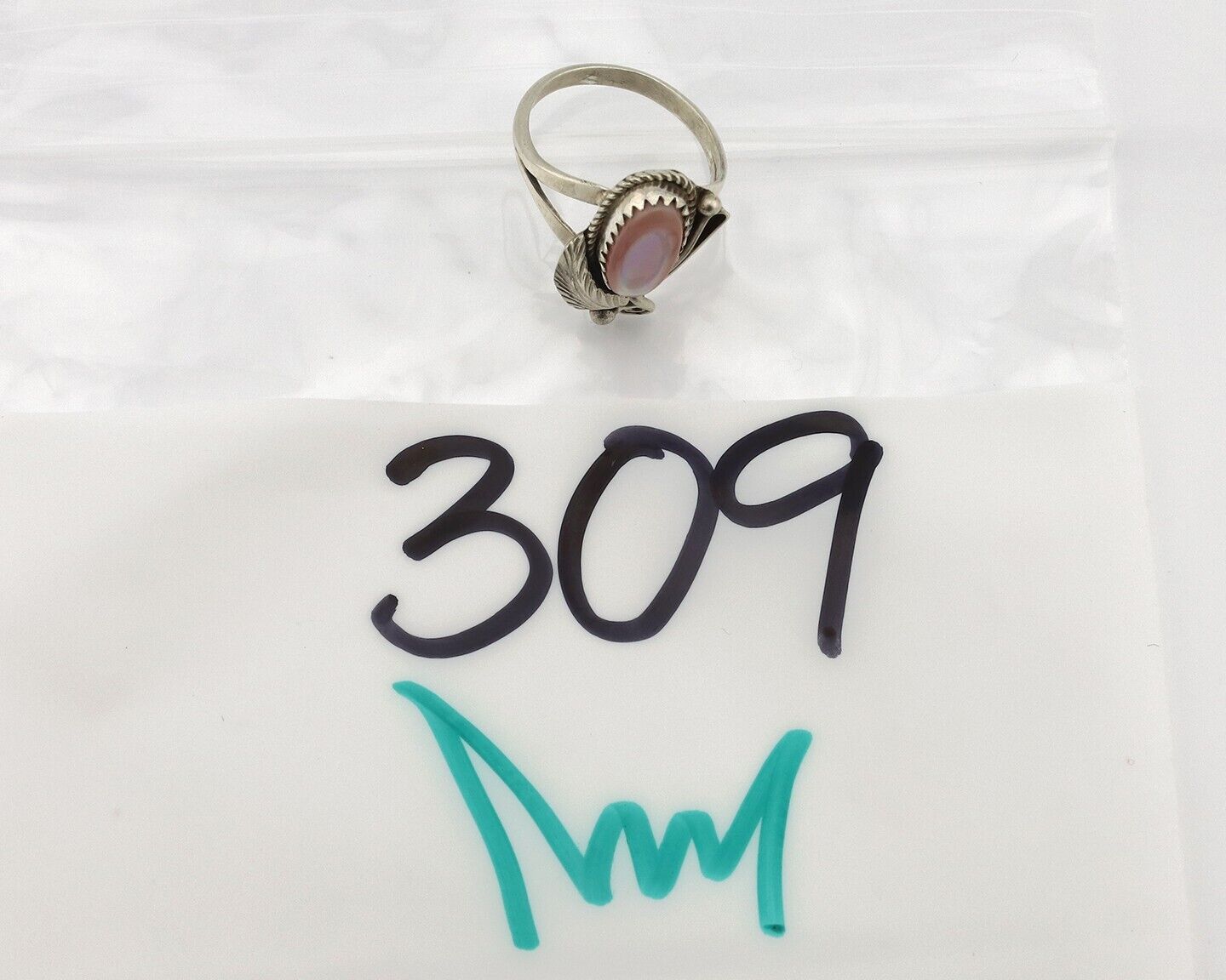 Navajo Ring .925 Silver Natural Pink Mussel Artist Signed Justin Morris C.80's