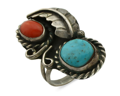 Navajo Ring .925 Silver Turquoise & Coral Native American Artist C.1975's