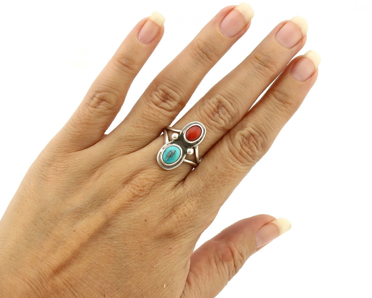 Navajo Handmade Ring 925 Silver Coral & Turquoise Native American Artist C.80's