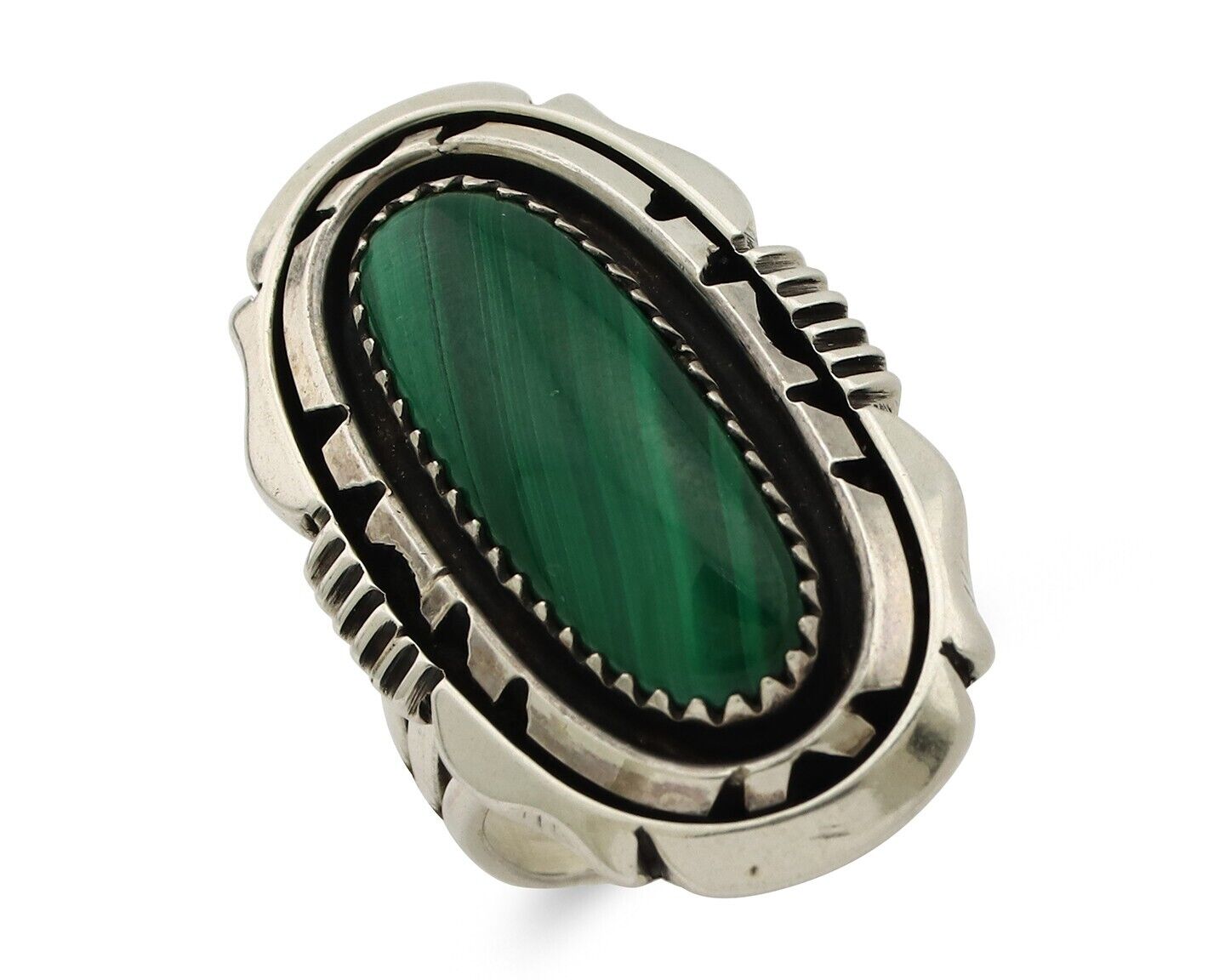 Navajo Ring .925 Silver Malachite Hand Stamped Signed William Denetdale C.80's
