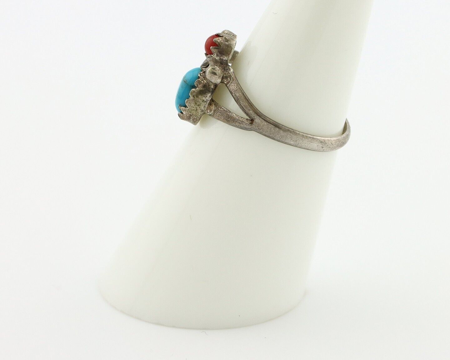 Navajo Handmade Ring 925 Silver Turquiose & Coral Native American Artist C.80's