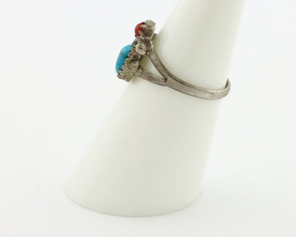Navajo Handmade Ring 925 Silver Turquiose & Coral Native American Artist C.80's