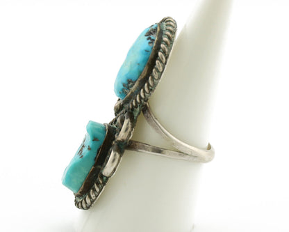 Navajo Ring .925 Silver Globe Turquoise Hand Stamped Native American Artist C80s
