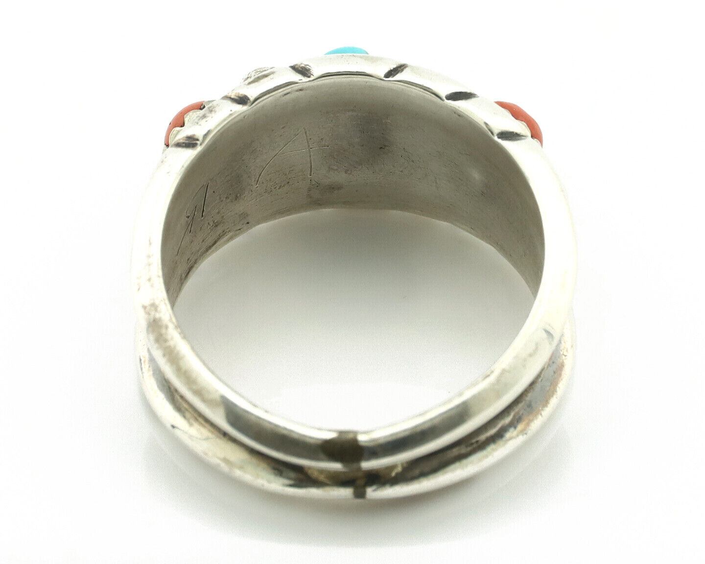 Navajo Ring 925 Silver Coral & Sleeping Beauty Turquoise Native Artist C.70's