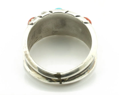 Navajo Ring 925 Silver Coral & Sleeping Beauty Turquoise Native Artist C.70's