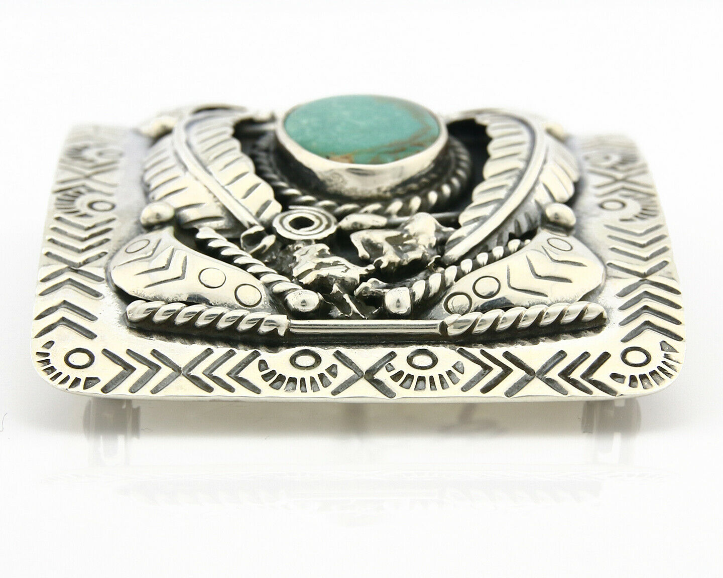 Navajo Belt Buckle .925 Silver Morenci Turquoise Artist Signed Tipi C.80's