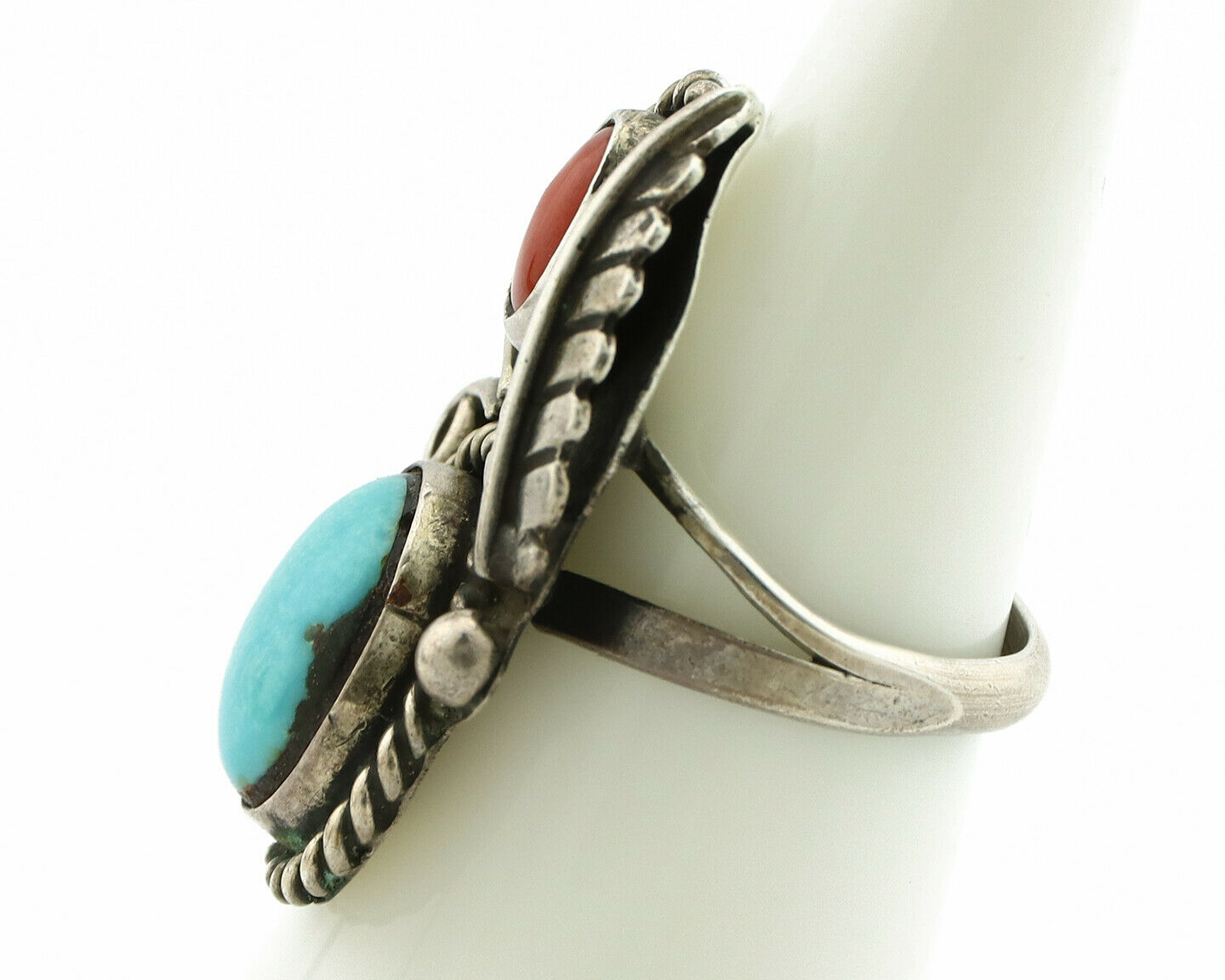 Navajo Ring .925 Silver Turquoise & Coral Native American Artist C.1975's