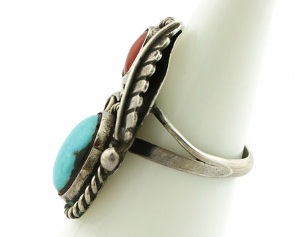 Navajo Ring .925 Silver Turquoise & Coral Native American Artist C.1975's