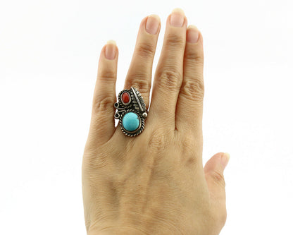 Navajo Ring .925 Silver Turquoise & Coral Native American Artist C.1975's