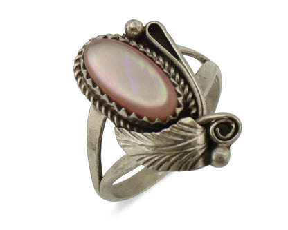 Navajo Ring .925 Silver Natural Pink Mussel Artist Signed Justin Morris C.80's