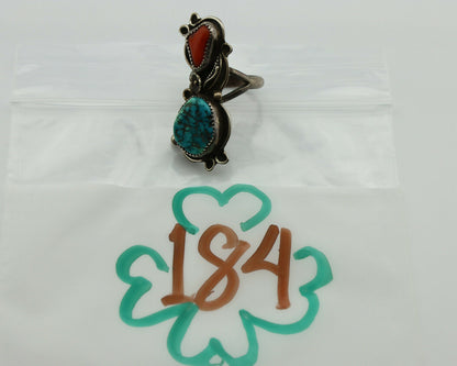 Navajo Ring .925 Silver Turquoise & Coral Native American Artist C.1980's