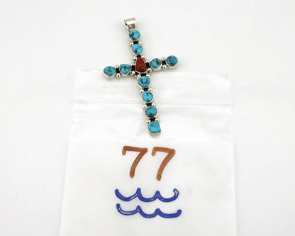 Zuni Handmade Cross Necklace 925 Silver Coral & Turquiose Artist Signed JWJ C80s