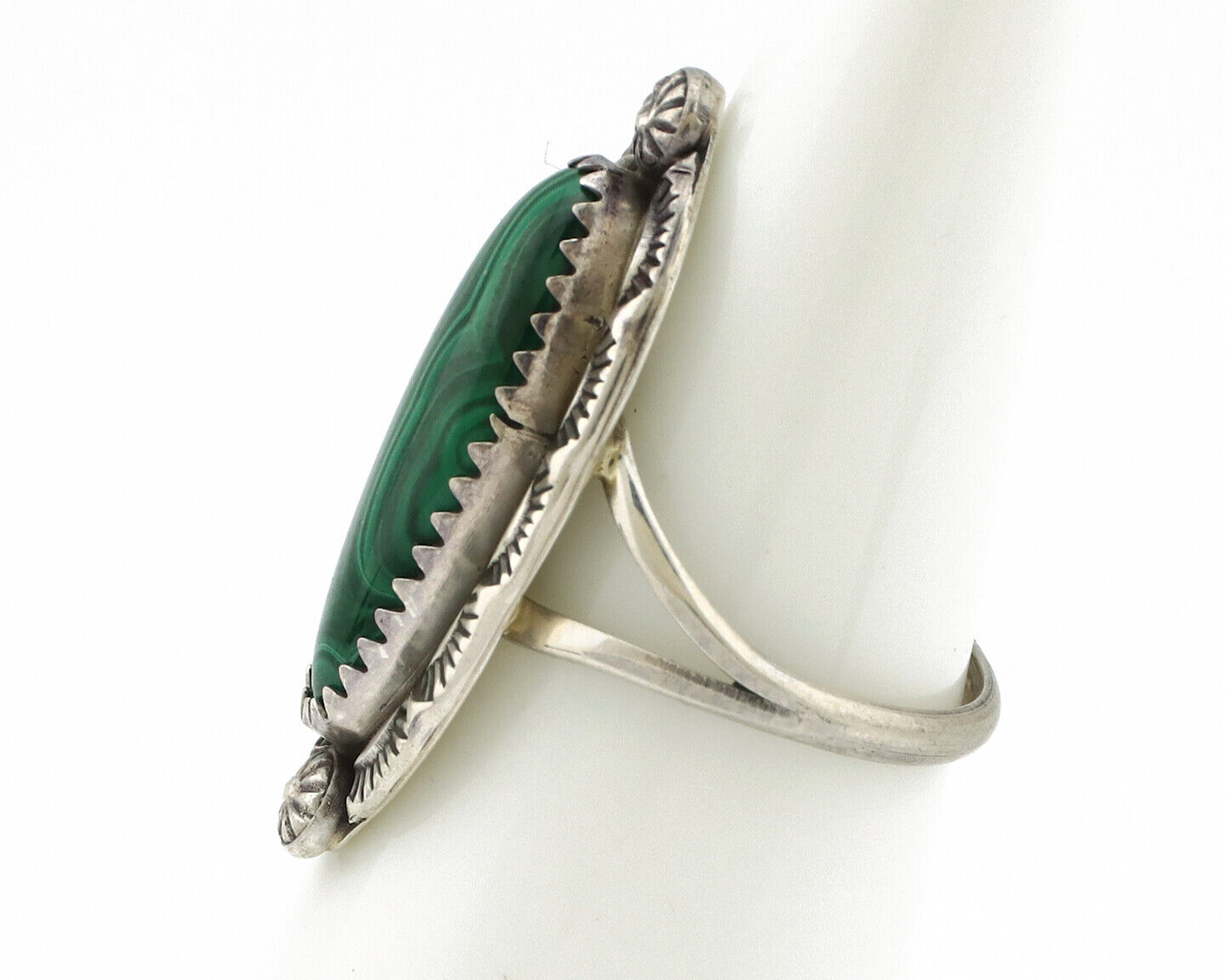 Navajo Ring 925 Silver Natural Malachite Artist Native American Signed H C.80's