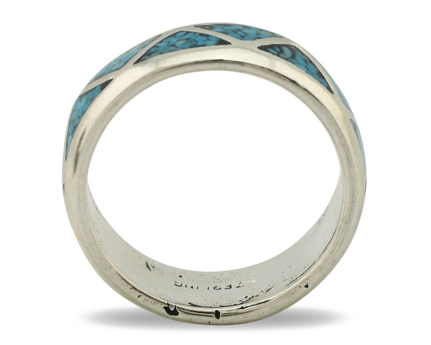 Navajo Chip Inlay Ring 925 Silver Sleeping Beauty Turquoise Artist Silver Cloud