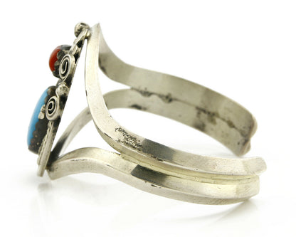 Navajo Bracelet .925 Silver Turquoise & Coral Signed Justin Morris C.80's