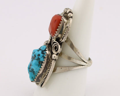 Navajo Ring 925 Silver Blue Turquiose & Coral Artist Signed Justin Morris C.80's