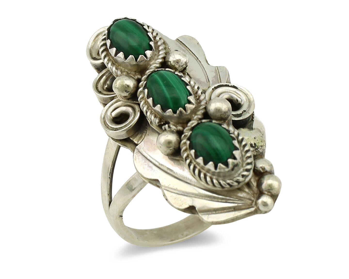 Navajo Ring 925 Silver Natural Green Malachite Signed Justin Morris C.80's