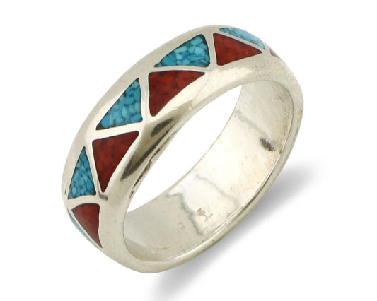 Navajo Chip Inlay Ring 925 Silver Sleeping Beauty Turquoise & Coral Silver Cloud