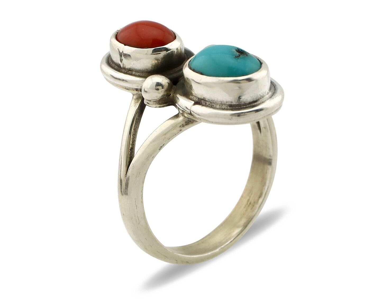 Navajo Handmade Ring 925 Silver Coral & Turquoise Native American Artist C.80's