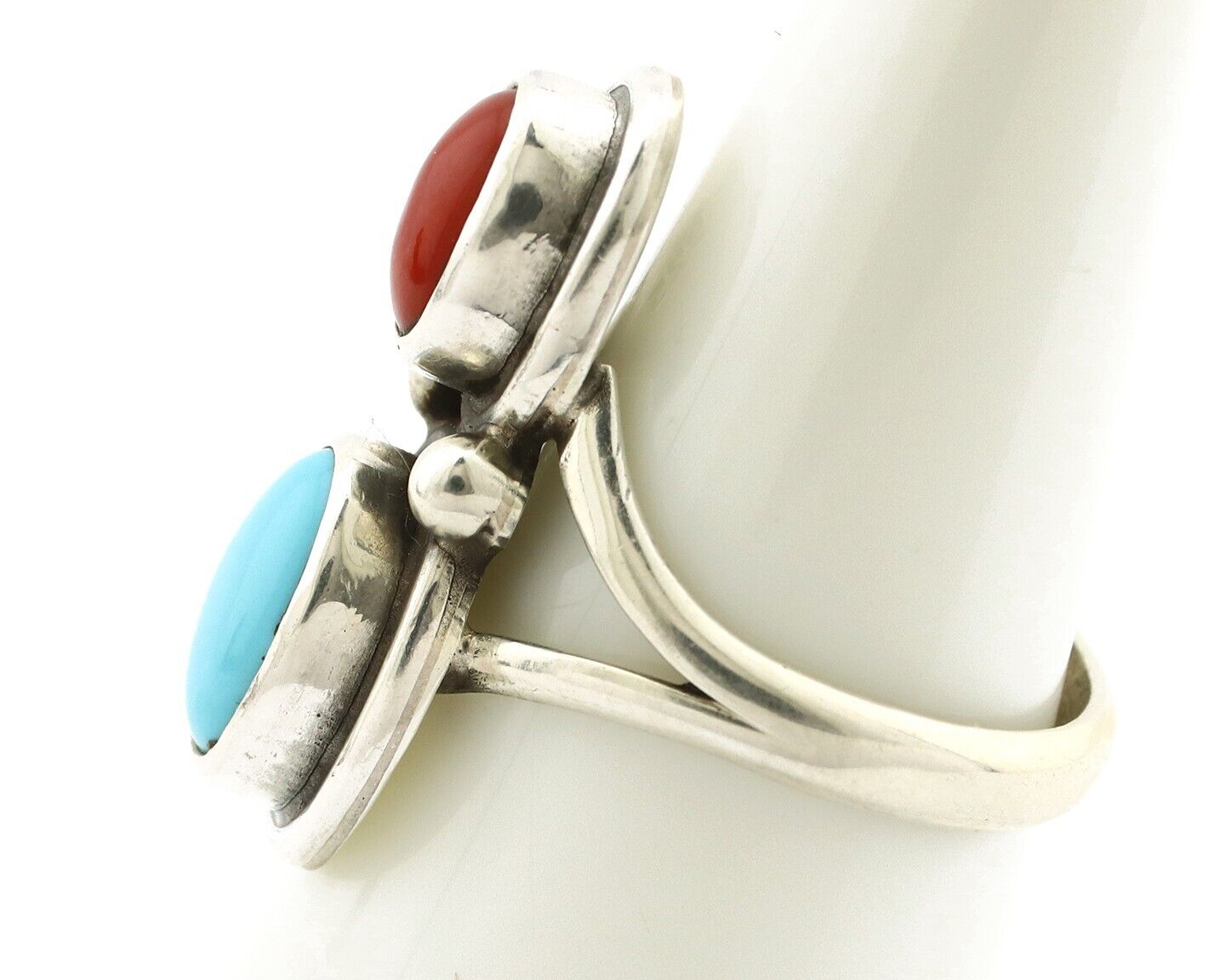Navajo Handmade Ring 925 Silver Coral & Turquoise Native American Artist C.80's