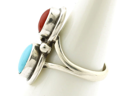 Navajo Handmade Ring 925 Silver Coral & Turquoise Native American Artist C.80's