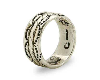 Navajo Ring .925 Silver Handmade Hand Stamped 3 Row Rope Band C.1980's Size 8.0