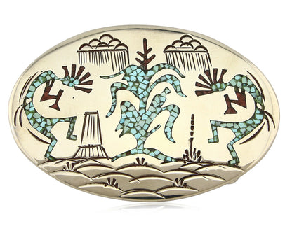 Navajo Belt Buckle .999 Nickle Silver Turquoise Coral Signed SD C.80's