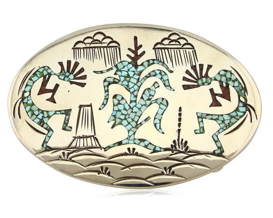 Navajo Belt Buckle .999 Nickle Silver Turquoise Coral Signed SD C.80's